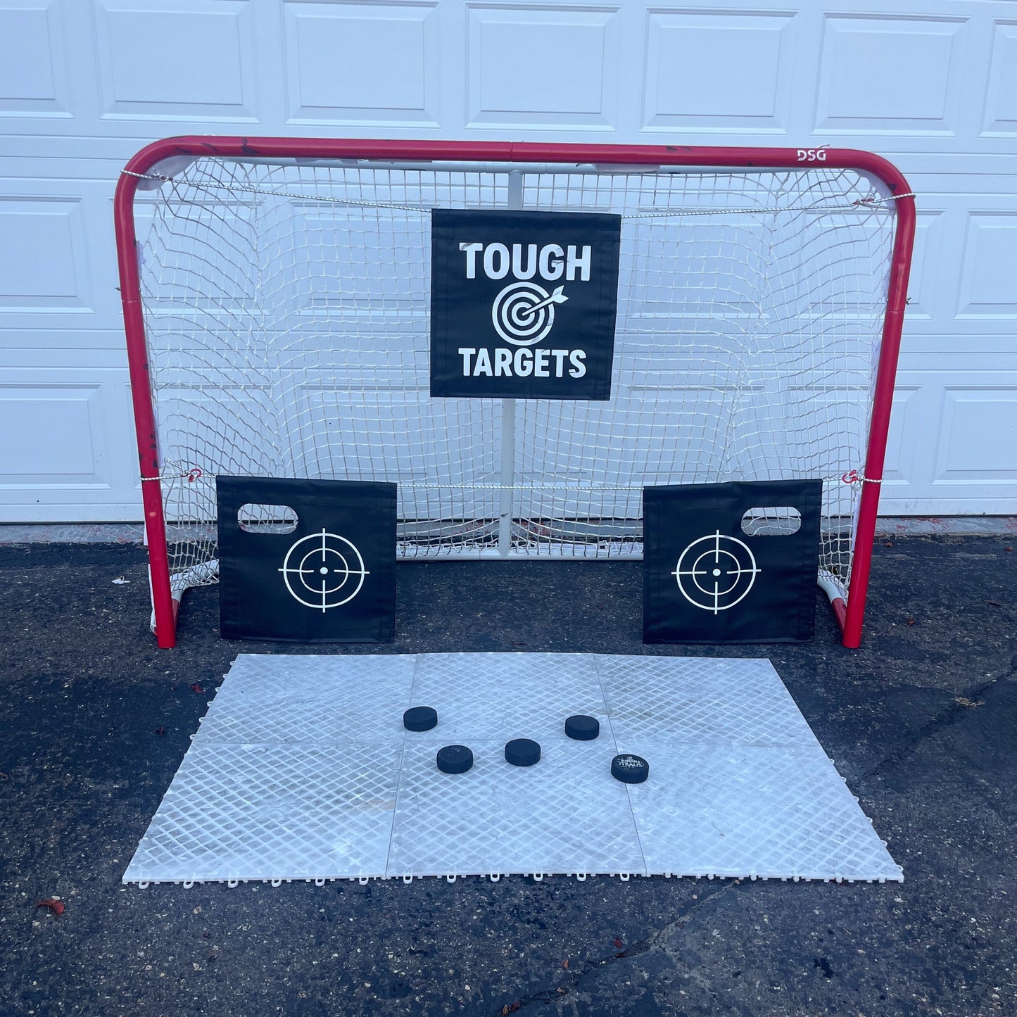 Pro Habits Hockey Tough Targets attached to a standard 6x4 hockey net