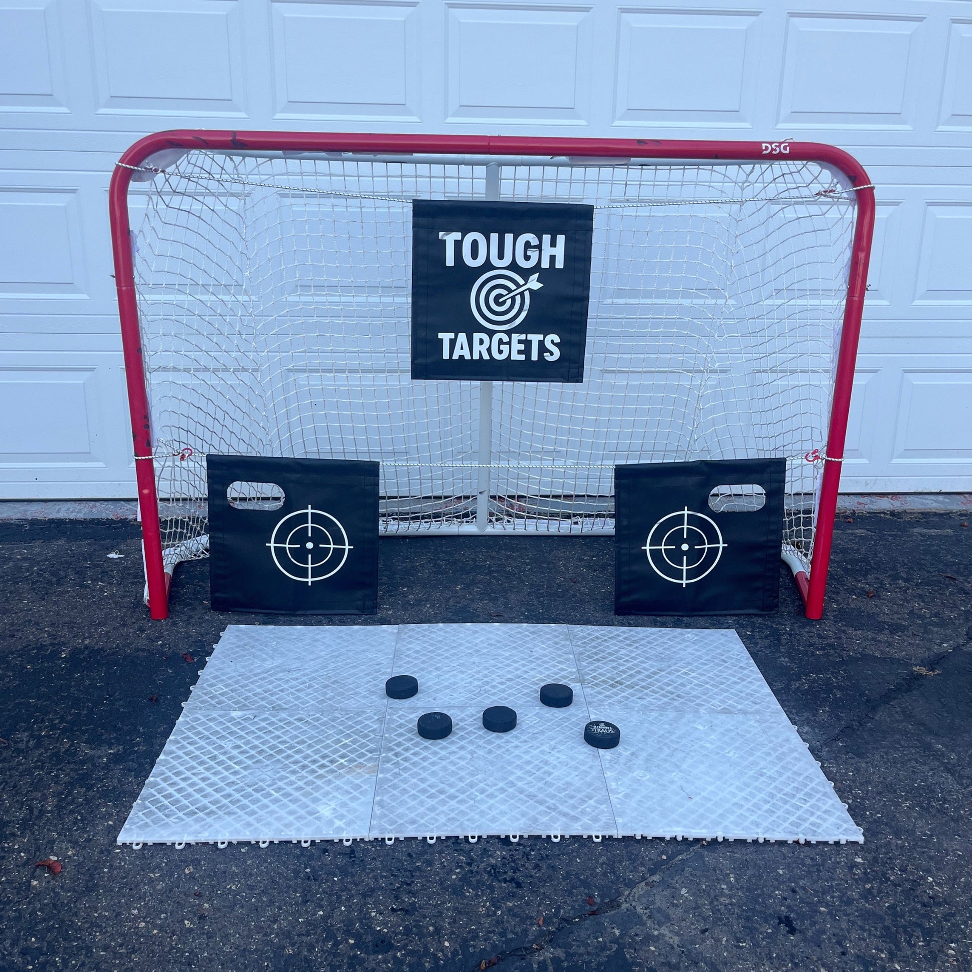 Pro Habits Hockey Tough Targets attached to a standard 6x4 hockey net