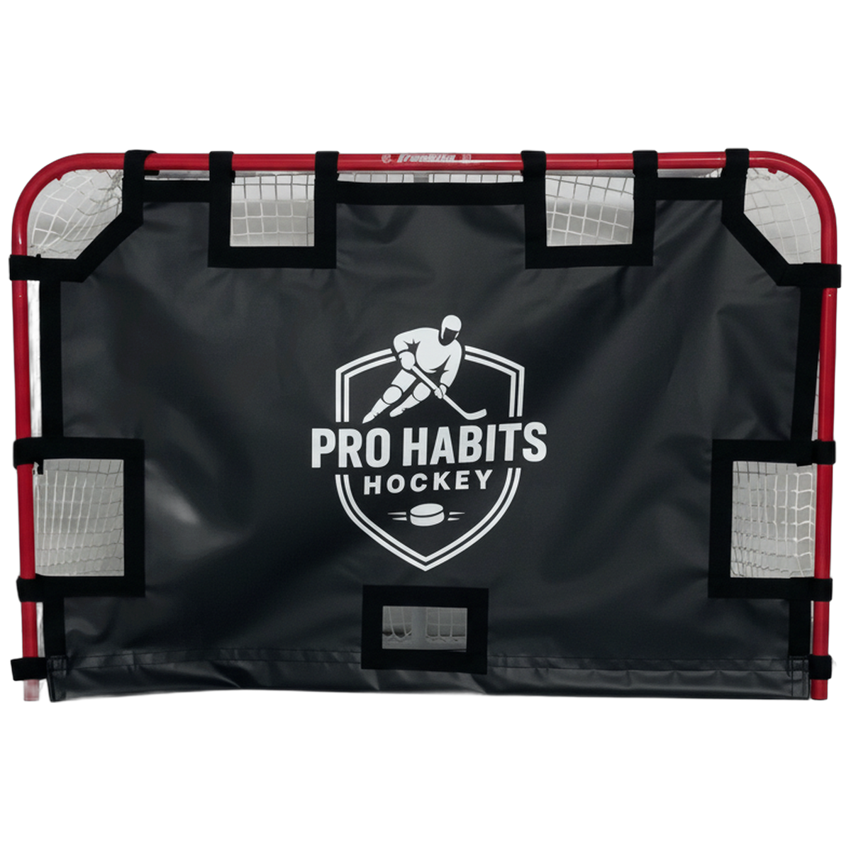 Pro Habits Hockey Heavy Duty Shooting Tarp on a hockey net, product photo on a white background
