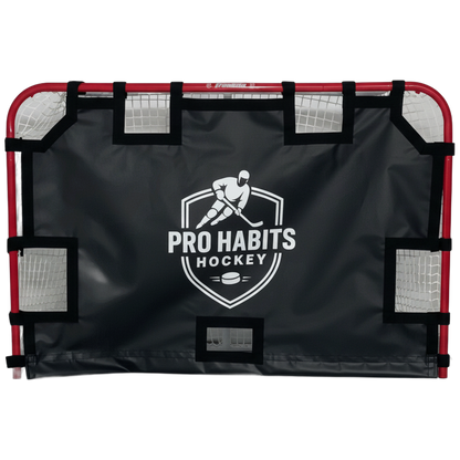 Pro Habits Hockey Heavy Duty Shooting Tarp on a hockey net, product photo on a white background